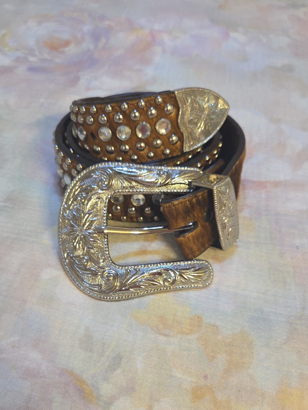 DDD 3-D Studded Western Leather Belt with Silver Buckle